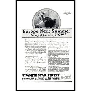 1924 White Star Line Majestic World's Largest Cruise Ship Vintage Print Ad Art